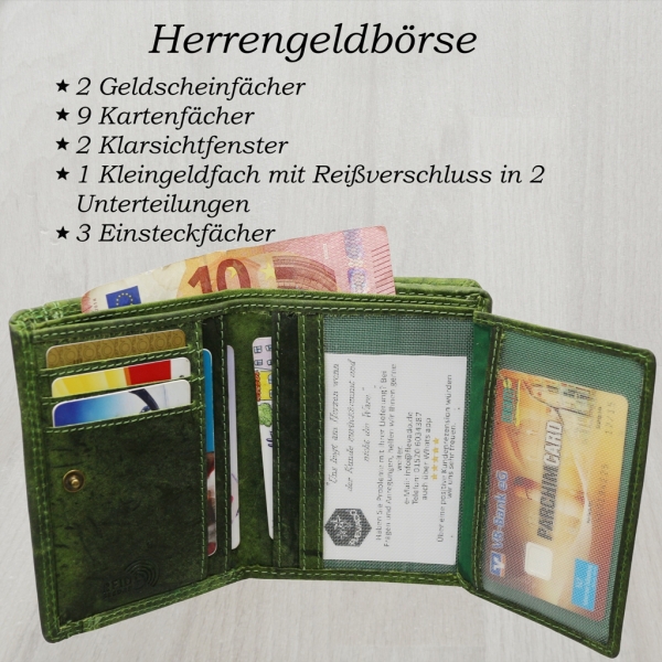 flevado Geldbörse Unisex Damen Herren Echt Leder RFID Schutz Grün